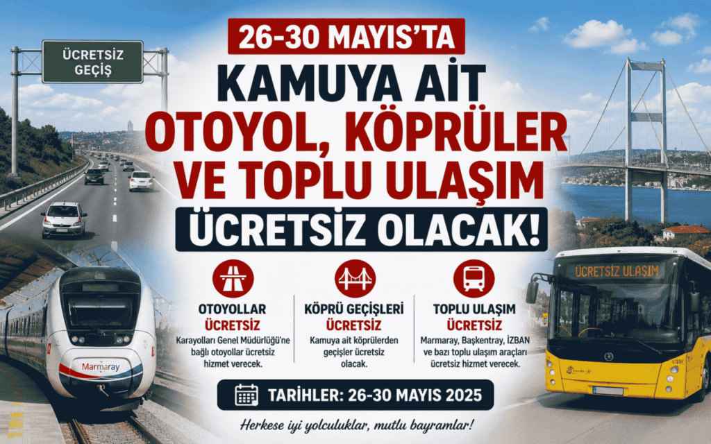 26-30 Mayıs’ta Otoyol, Köprü ve Toplu Ulaşım Ücretsiz Olacak